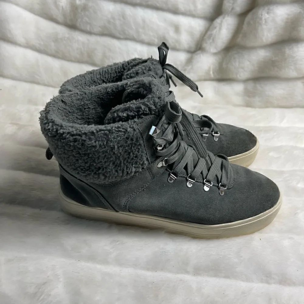 Marc Fisher Daire  leather suede gray lace up sneakers with faux fur tri…